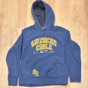 American Eagle AE 77 Mens Blue Y2K Heavyweight Thrashed Hoodie